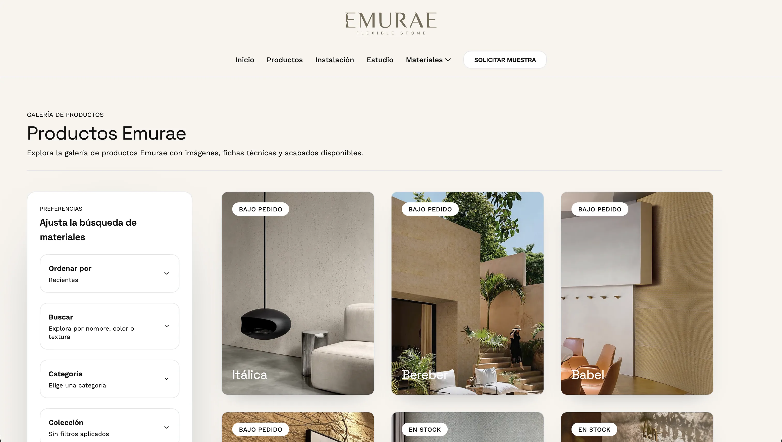 Vista de producto y navegación en Emurae